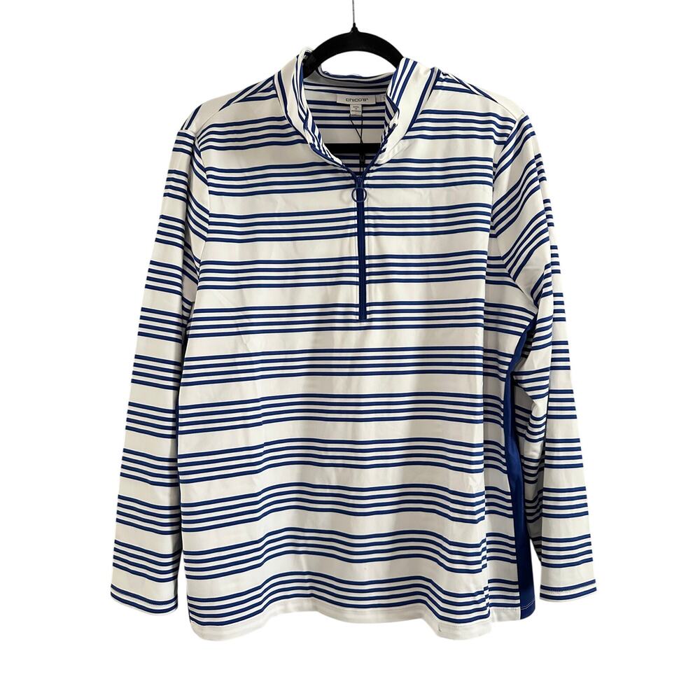 CHICO’S Zenergy Striped UPF Zip Top Rich Cobalt Blue White Preppy - Sz XL - NWT
